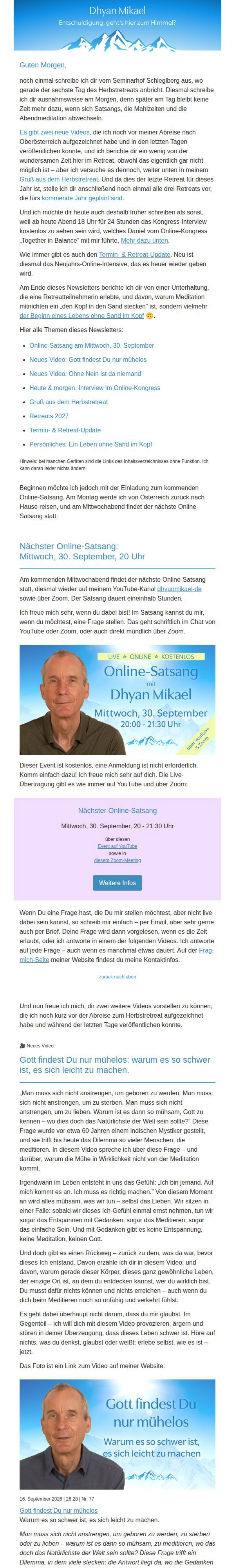 Dhyan Mikael Newsletter: Neue Aufzeichnung | Neues Video: „Unsichtbarer Himmel” | Persönliches: Ein Leben ohne Sand im Kopf