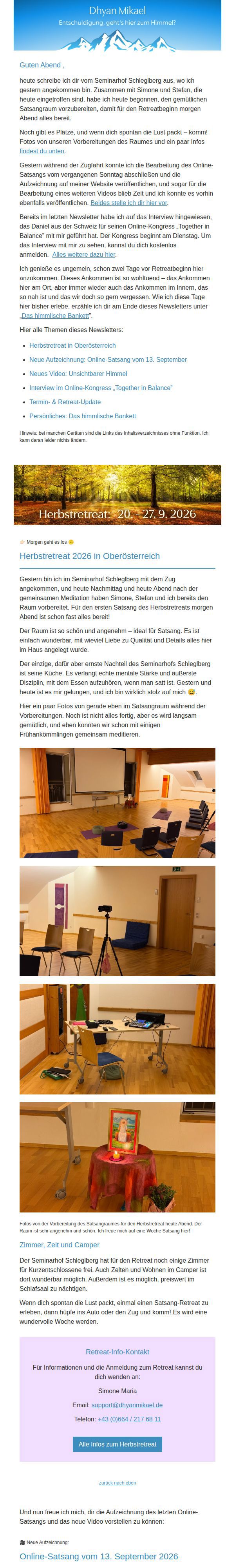 Dhyan Mikael Newsletter: Neue Aufzeichnung | Neues Video: „Unsichtbarer Himmel” | Persönliches: Das himmlische Bankett